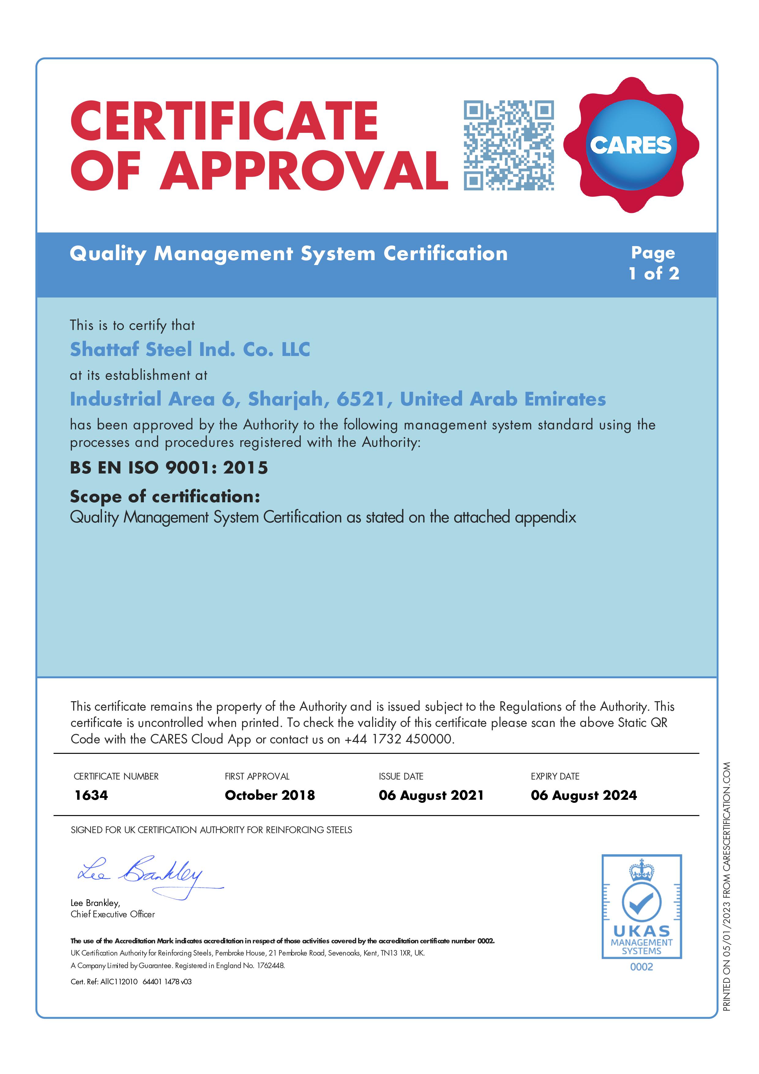 UK Cares - BS EN ISO 9001:2015 – Quality Management System Certificate
